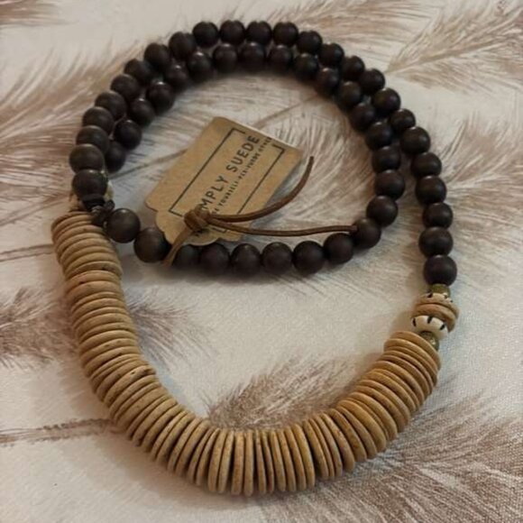 Earthy Disc & Round Wood Bead Necklace Choker 32'' - Picture 2 of 5